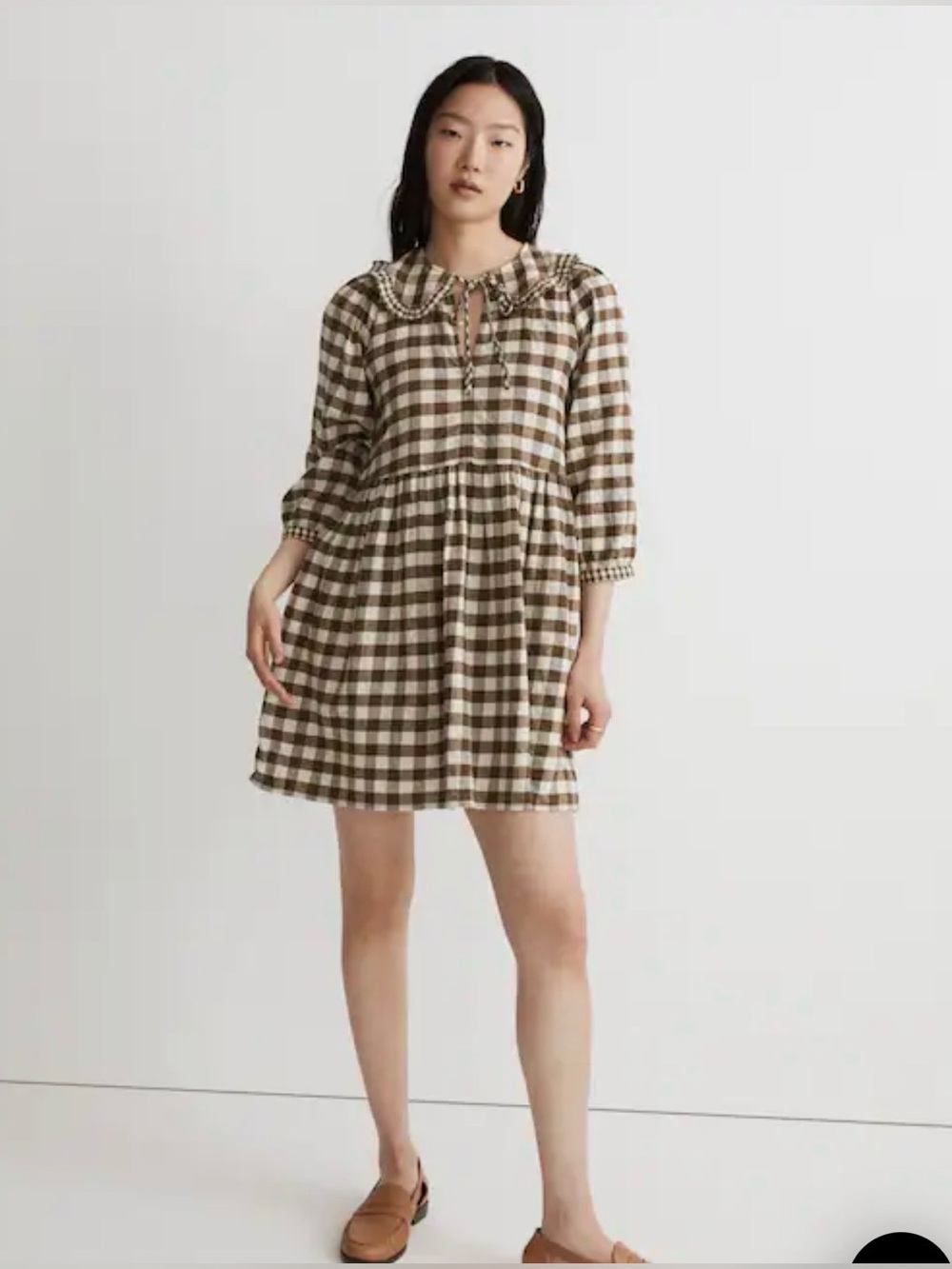 Madewell Brown White Gingham Ruffle Collar Tie Neck Cotton Mini Dress Size S